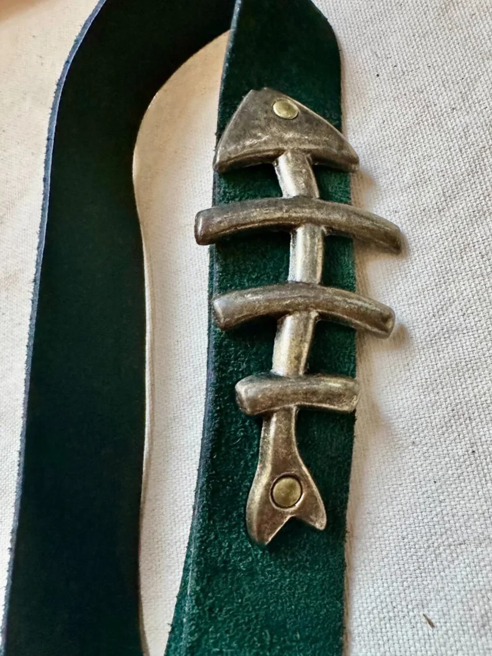 Vintage Handmade Green Leather Suede Belt with Fishbone Buckle